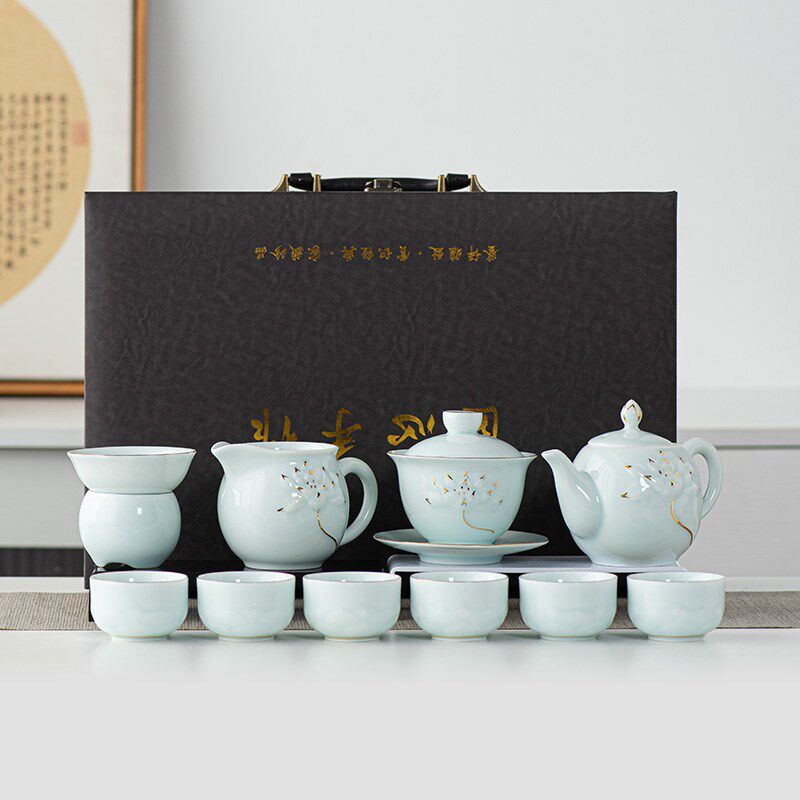 步步莲花青瓷描金茶具套装家v用中式手工绘陶瓷高档茶壶盖碗茶杯