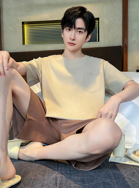 雅黛丽睡衣男夏款家居服可外穿全棉短袖短裤大码薄款套装休闲居家