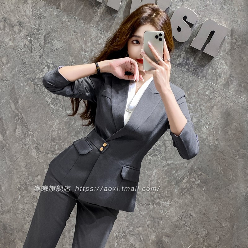 灰色职业西装套装女春秋时尚正装气质美容院珠宝店酒X店前台工作