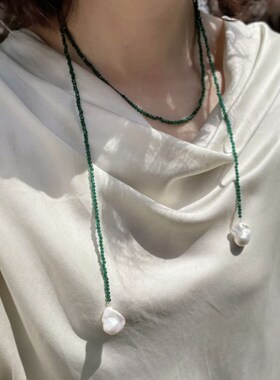 时尚超长珍珠绿尖晶串珠项链女长款毛衣链小众设计感气质颈链配饰