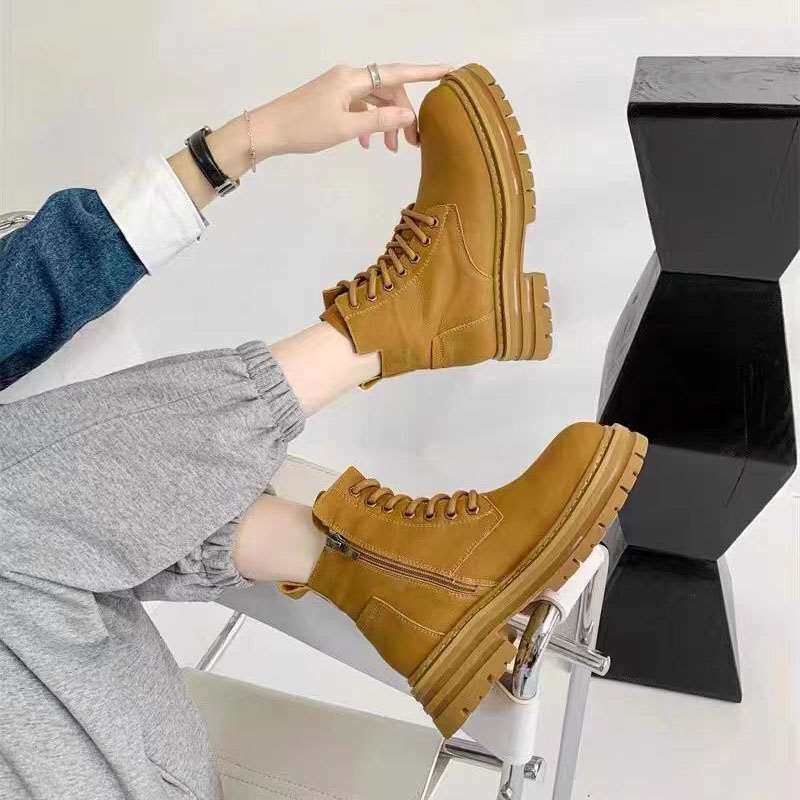 马丁靴女2022秋季新款圆头粗跟厚底短筒靴英伦大头黄时尚百搭短靴
