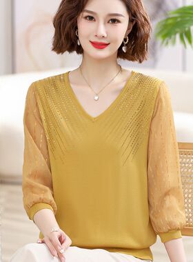 年轻妈妈春装洋气上衣薄针织打底衫中年妇女春夏纱袖冰丝T恤上衣