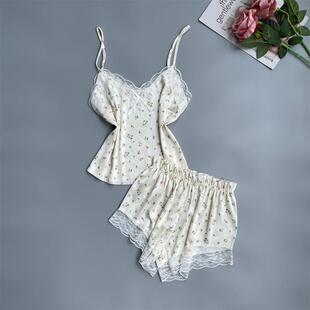 碎花吊带上衣家女甜美可爱夏薄款DIE无季袖冰丝绸睡衣裤两件套居