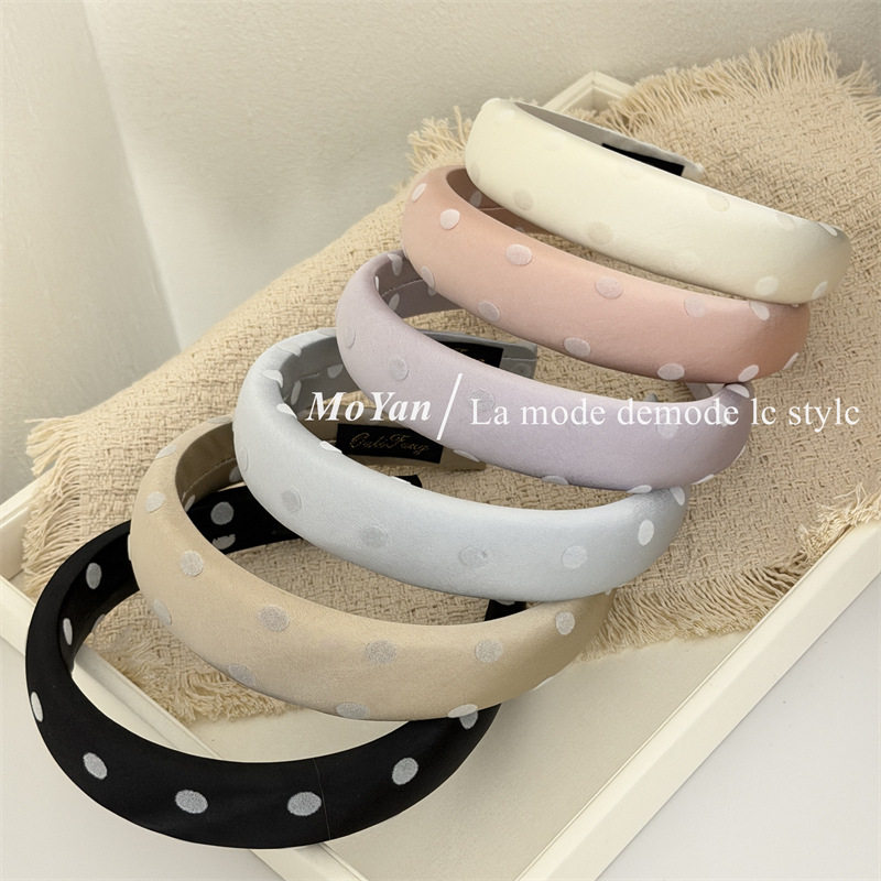 韩版时尚波点缎面宽发箍高级感圆点海绵头箍高颅顶外出气质压发卡