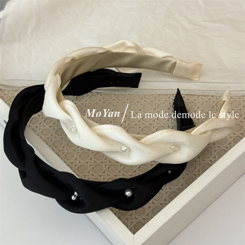 韩版小香风麻花珍珠发箍气质优雅手作小众头箍高级感褶皱压发发卡