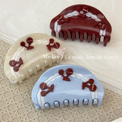 甜美可爱撞色系新款半圆抓夹创意樱桃小清新发夹高级感醋酸鲨鱼夹