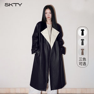 SKTY秋冬季设计感法式赫本风时尚复古大衣廓形PU长款风衣皮衣外套