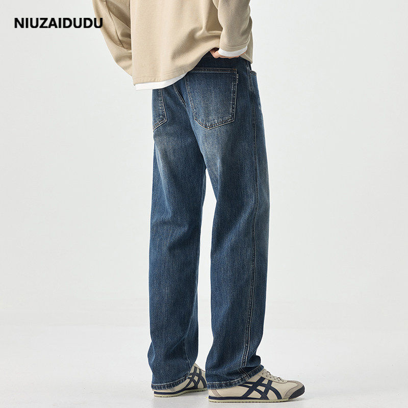 美式直筒加绒蓝色牛仔裤男冬季新款弹力复古水洗宽松休闲长裤子潮
