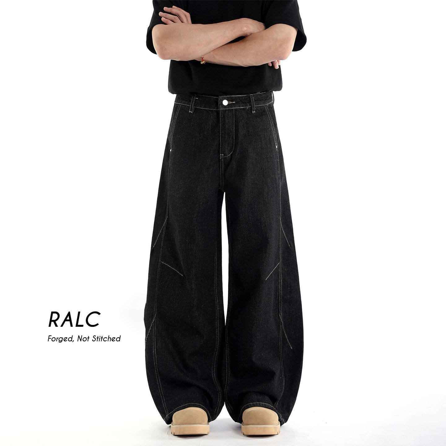 RALC 美式春款原牛黑色宽松阔腿牛仔裤男女黑色长裤高级感休闲裤