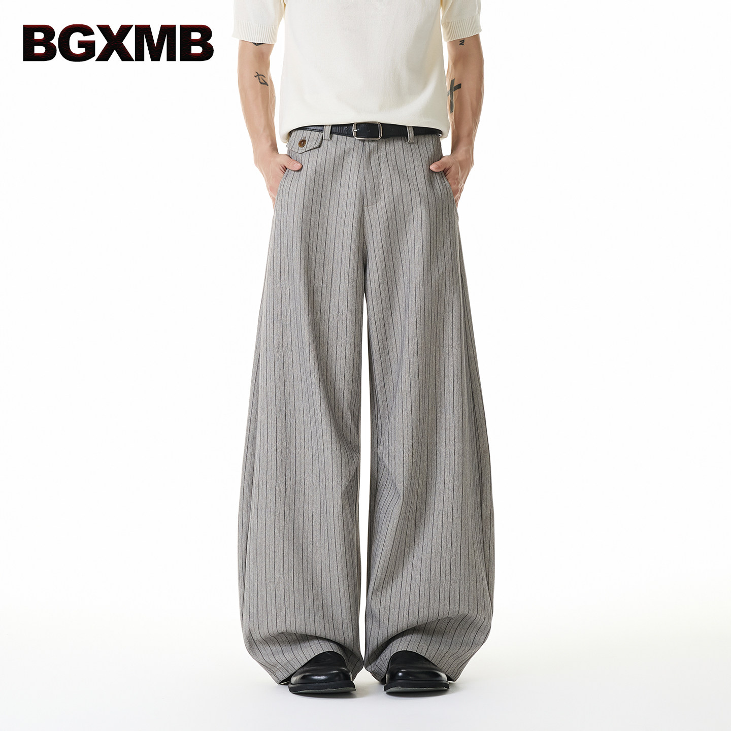BGXMB美式老钱风条纹休闲西裤夏季薄款宽松垂坠感弯刀裤子情侣图片