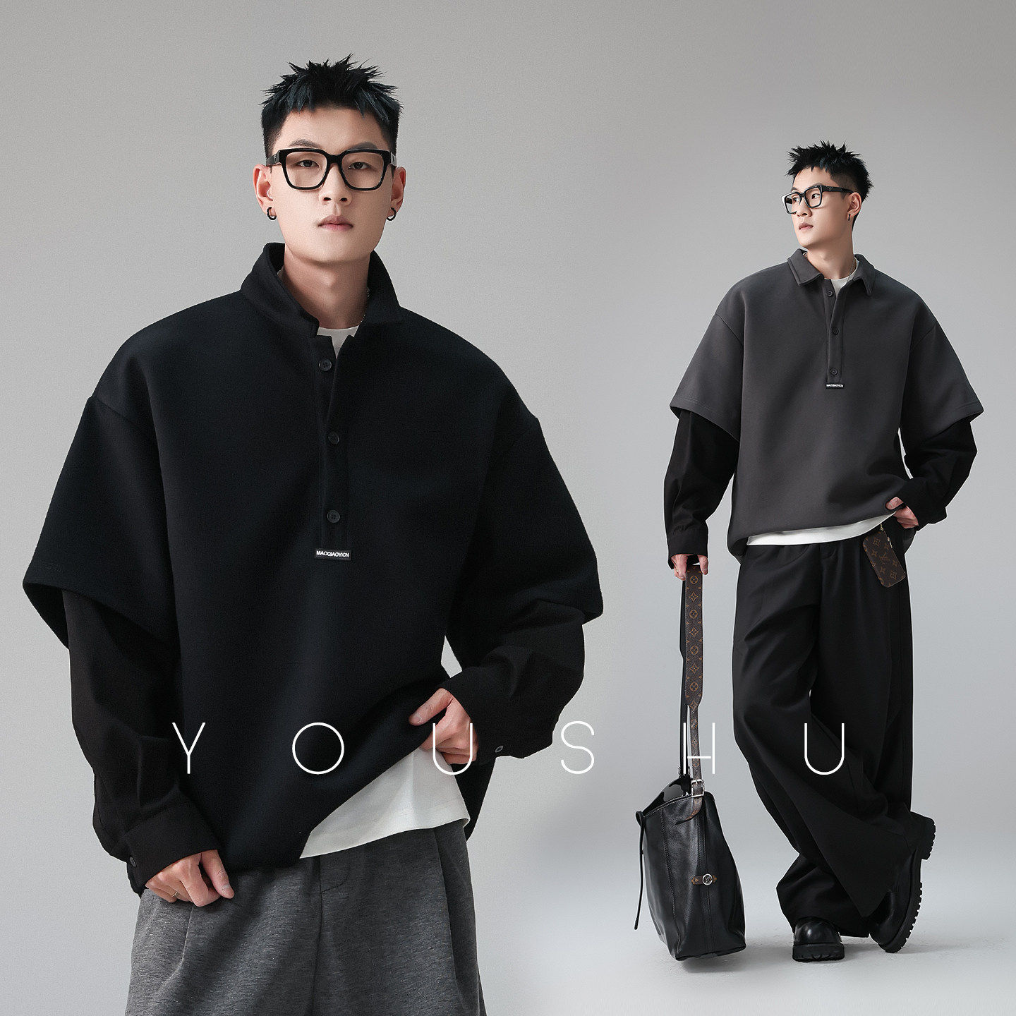 美式潮牌拼接假两件POLO衫卫衣男长袖2026春季新款翻领宽松上衣潮