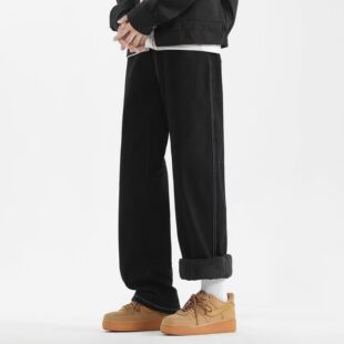 秋冬新款牛仔裤男士潮牌美式复古vibe加绒加厚直筒阔腿裤