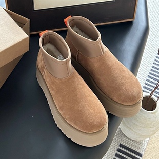 牛皮女百搭厚底增高雪地靴弹力袜保暖加绒迪普靴 猫 穿靴子