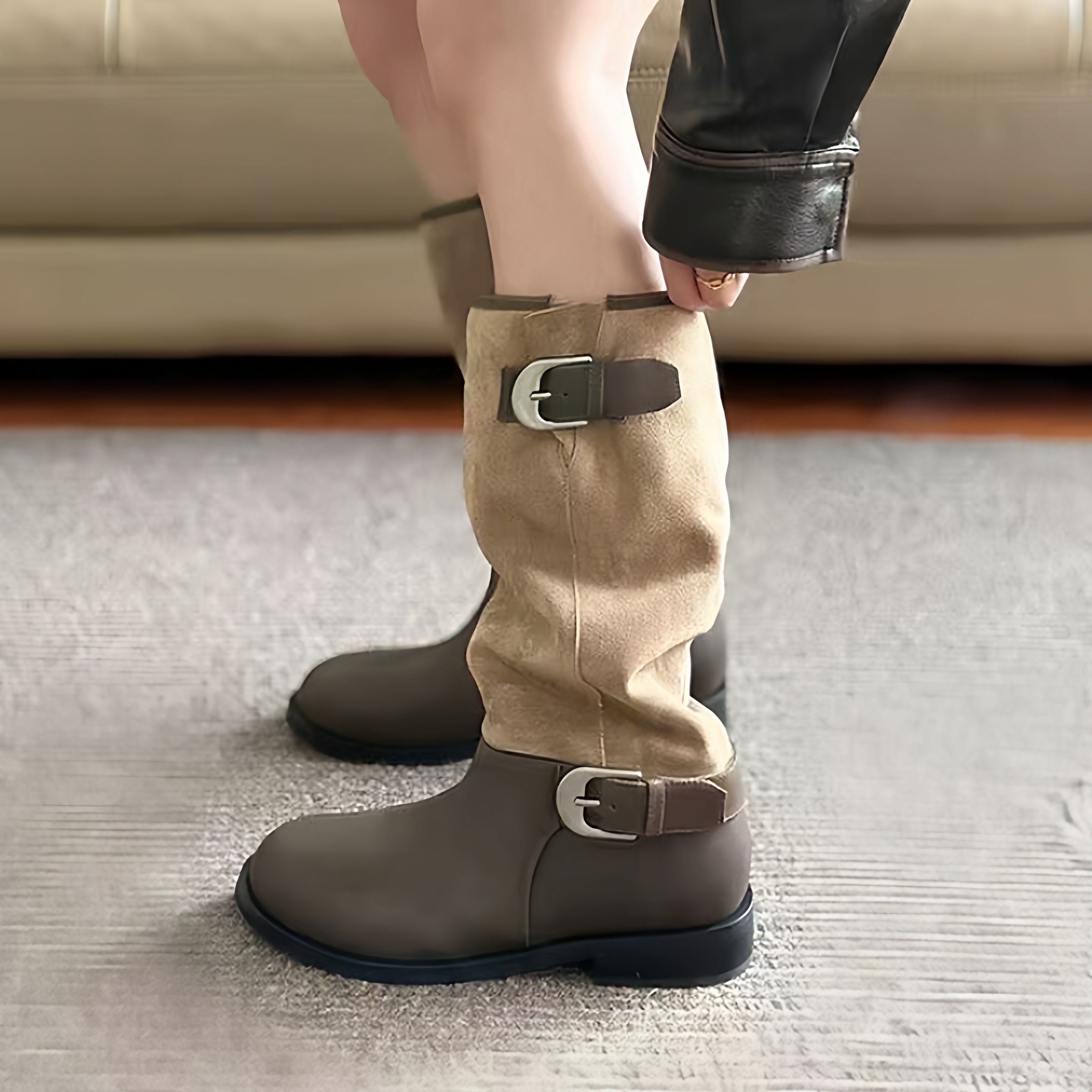 【穿靴子的猫】复古女做旧擦色皮带扣真皮中筒靴百搭堆堆靴骑士靴,女鞋,时装靴,淘宝优惠券,粉丝福利购,淘宝优惠卷