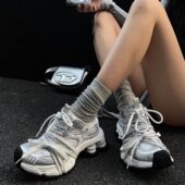 做旧休闲鞋 老爹鞋 新款 厚底网面透气增高捆绑运动鞋 穿靴子 猫