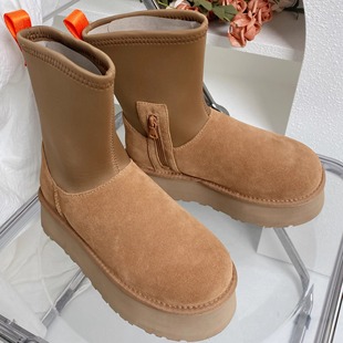 真皮女百搭厚底加绒增高拉链弹力袜保暖显高雪地靴 猫 穿靴子