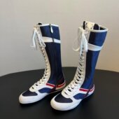 猫 穿靴子 拼色绑带女内增高德训长筒靴侧拉链休闲运动拳击靴