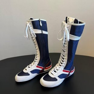 拼色绑带女内增高德训长筒靴侧拉链休闲运动拳击靴 猫 穿靴子