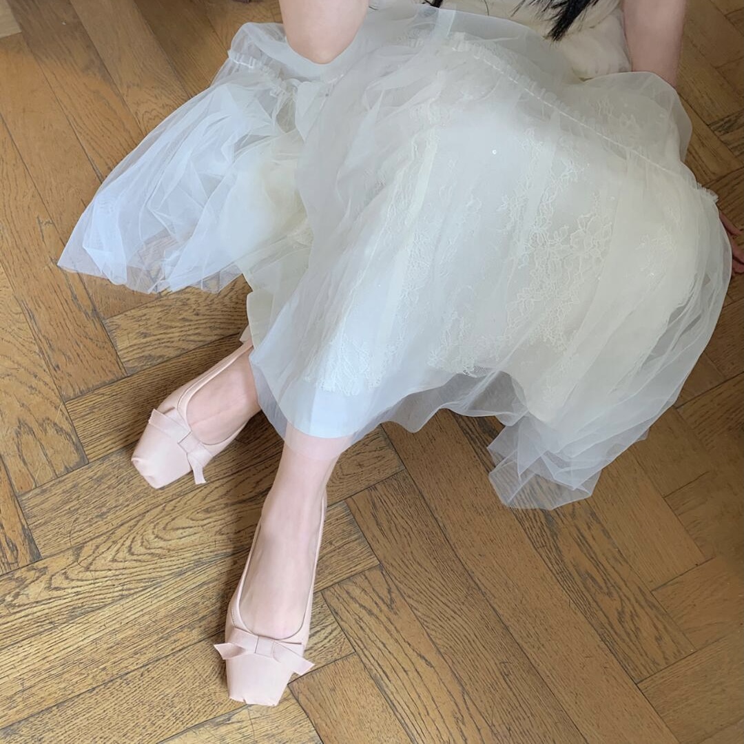 【穿靴子的猫】夏季粗跟蝴蝶结小羊皮单鞋方头凉鞋女芭蕾舞鞋
