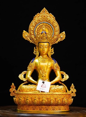 藏传纯铜十寸飘带佛光浮雕长寿佛像精品仿古鎏金铜像家用客厅摆件