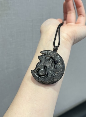 收藏级黑曜石月亮狐吊坠银眼招财九尾狐八方来财项链大挂件吊牌