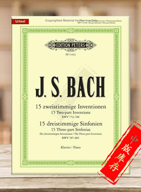 巴赫 二三部创意曲BWV772-801 钢琴独奏 彼得斯原版进口乐谱书 PETERS Bach Two Three part Inventionen Sinfonien Piano EP11422