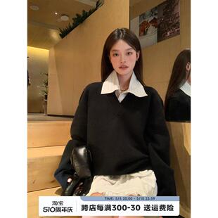 宋正恩黑色V领衬衫毛衣女春季纯色韩系宽松慵懒风针织衫上衣外套