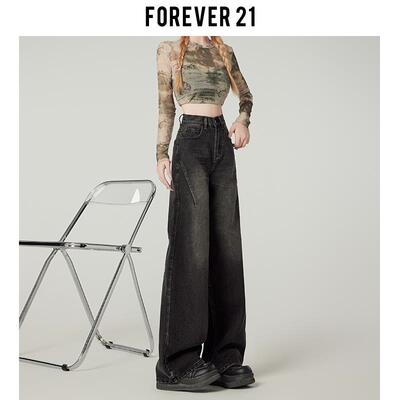 Forever 21美式复古高腰阔腿牛仔裤女辣妹黑色宽松窄版梨形直筒裤
