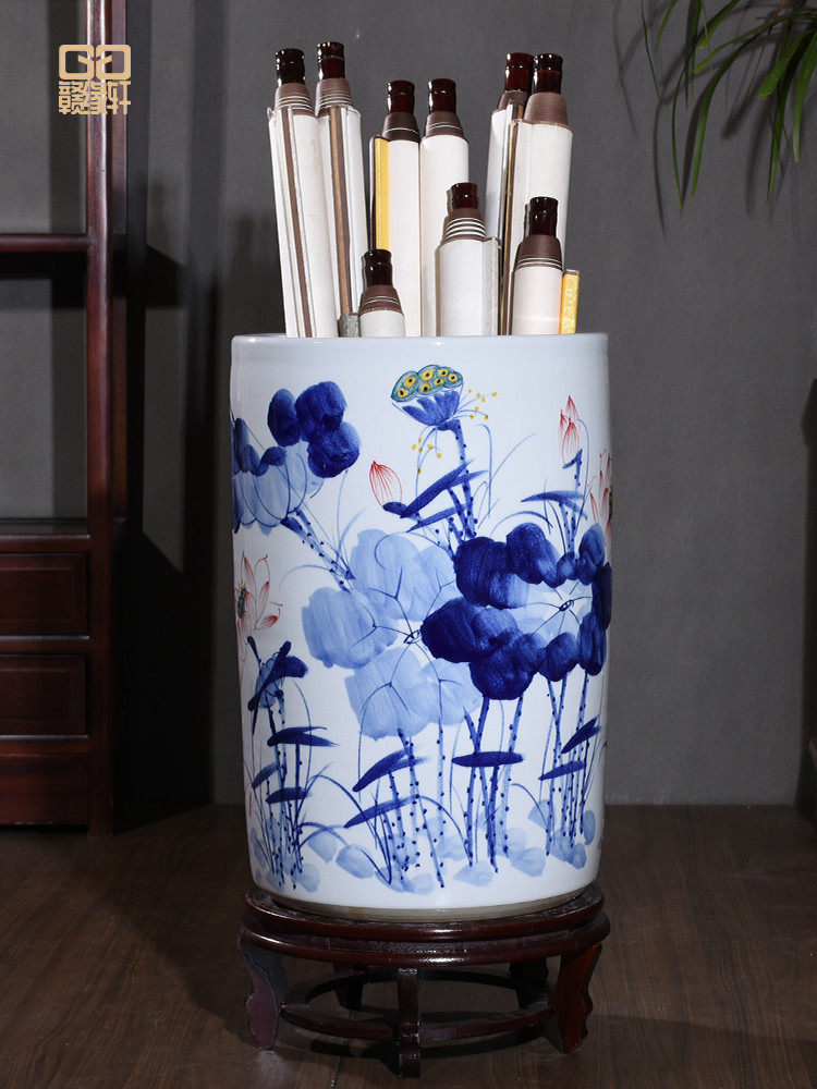 手绘荷花荷韵大号花瓶景德镇陶瓷客厅插花装饰书房落地书画缸摆件