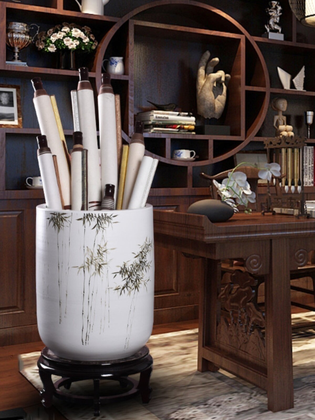 景德镇陶瓷器摆件手绘花瓶竹子字画缸收纳缸大号瓷瓶客厅插花装饰