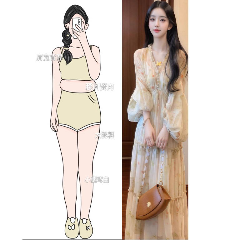 【现货】法式V领碎花连衣裙女春季大码胖m漂亮度假气质灯笼袖裙子