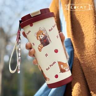 一年生球状叶小熊猫杯保温杯陶瓷内胆杯子吸管杯直饮咖啡闺蜜礼物