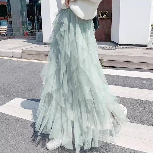 不规则高腰a字网纱裙2025春春季新款韩版蛋糕半身裙纱裙女蓬蓬裙