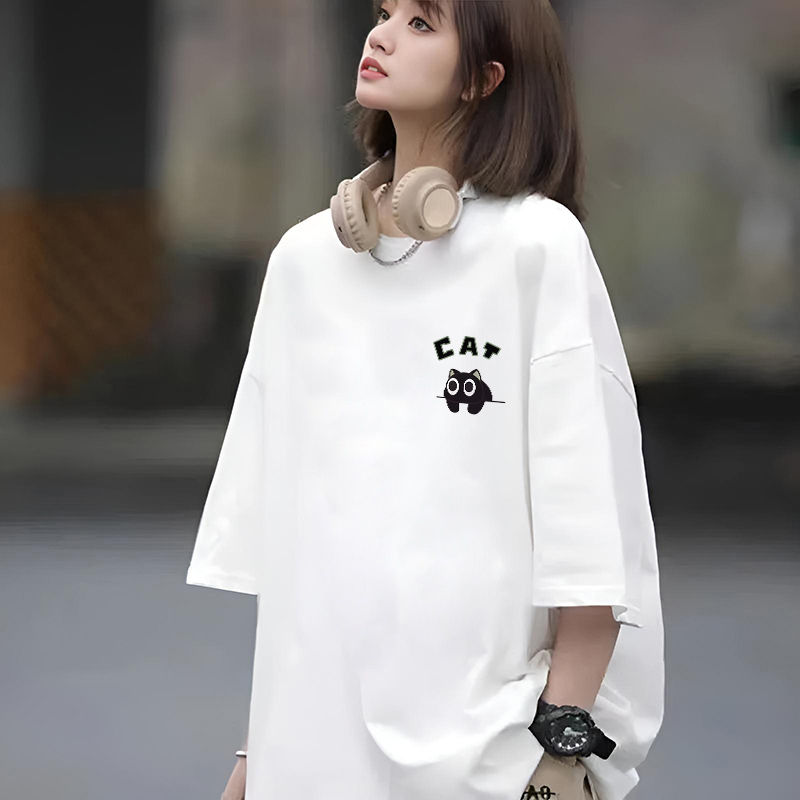 纯棉白色短袖T恤女2025夏季新款宽松休闲简约个性街头五分袖上衣