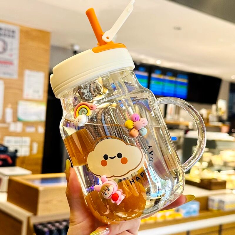带把手大容量玻璃水杯女办公泡花茶杯茶水分离高颜值大肚吸管杯子