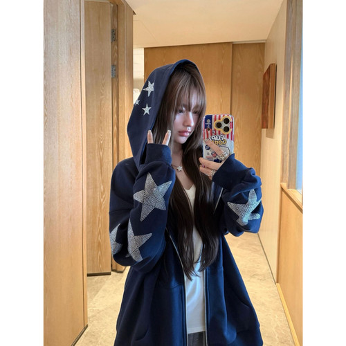 车迟恩忧郁的蓝 美式连帽卫衣早秋复古星星烫钻拉链外套女