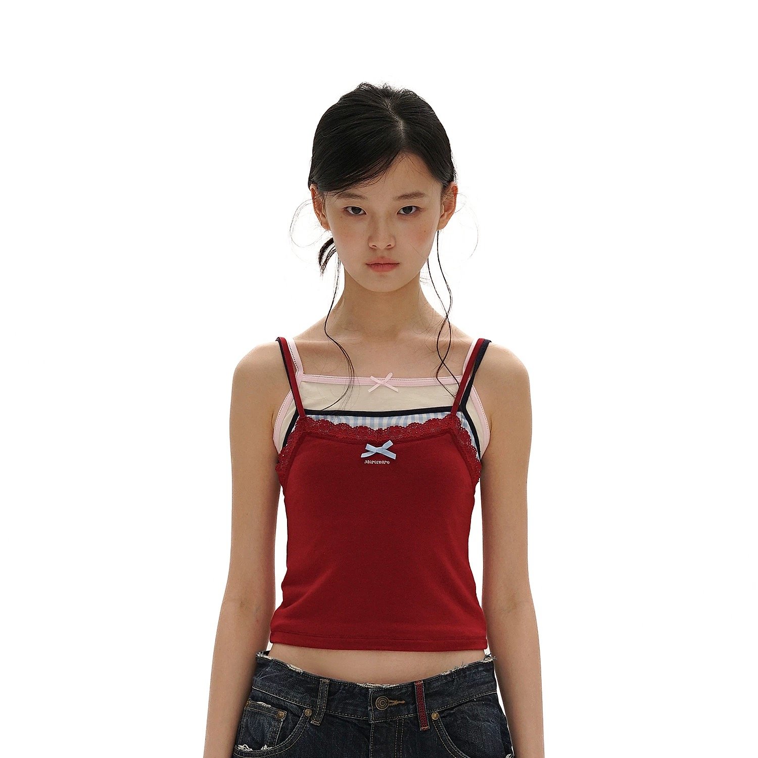 同款Moromoro假三件叠穿花边蕾丝花纱肌理吊带背心女