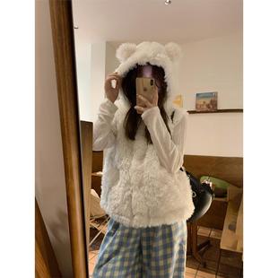 可爱小熊耳朵环保皮草马甲白色羊羔毛外套连帽皮毛一体宽松坎肩