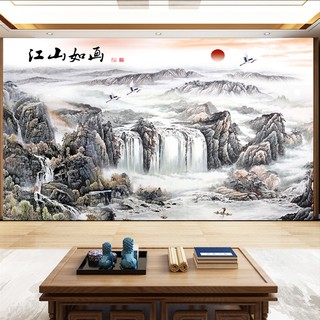 新中式山水画风景墙纸3D客厅办公室壁画电视背景墙壁纸水墨画墙布