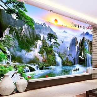 8d立体电视背景墙壁纸客厅流水生财山水意境风景无缝壁画 现代中式
