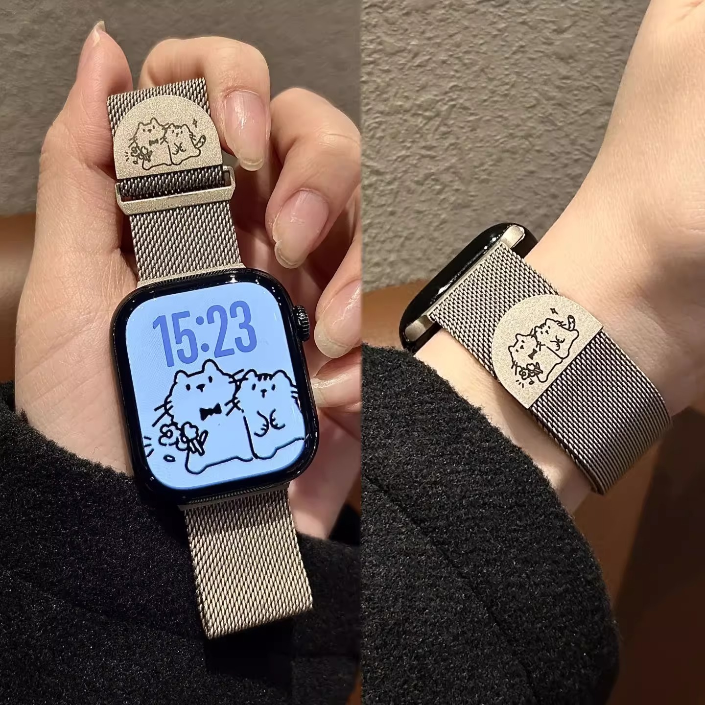 适用苹果Appleiwatch10se9可爱小猫米兰尼斯金属磁吸iwatch手表带