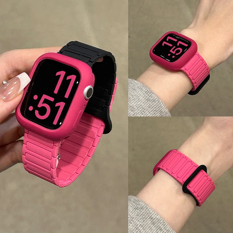 新款撞色硅胶磁吸苹果手表表带适用于AppleWatch11iwatch10SE