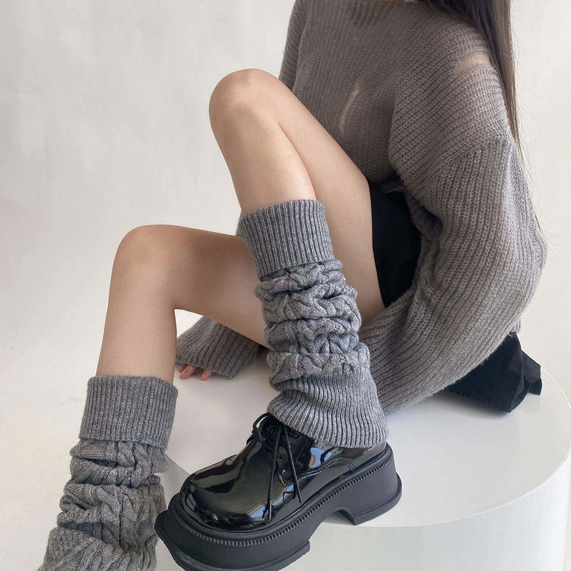 麻花粗针袜套秋冬保暖韩系羊毛腿套JK堆堆靴套纯色个性翻领小腿袜