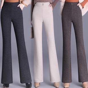 休闲裤 松紧腰时尚 高腰显瘦女妈妈秋冬加绒加厚微喇长裤 池上女裤