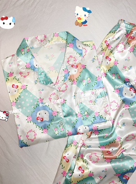 helloKitty睡衣女款春秋2024新款冰丝缎面小红同款纯棉可爱家居服