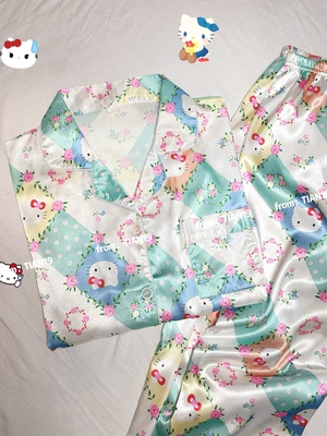 helloKitty睡衣女款春秋2024新款冰丝缎面小红同款纯棉可爱家居服