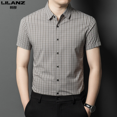 利郎短袖休闲格子桑蚕丝衬衫