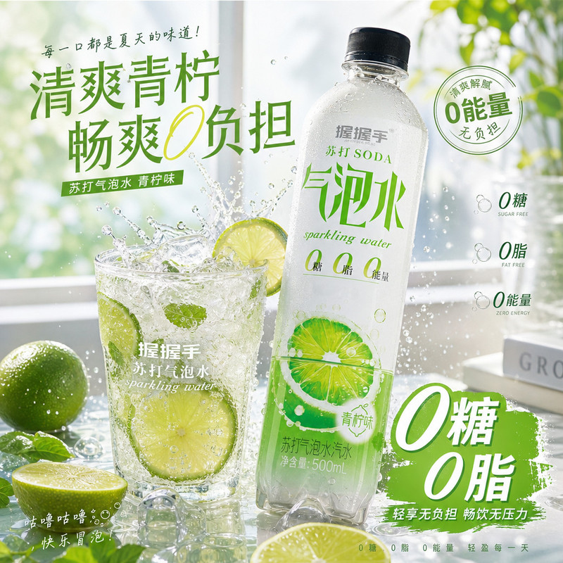 畅爽0糖0卡0脂肪青柠味苏打气泡水500mL夏日无糖饮料一整箱批发价