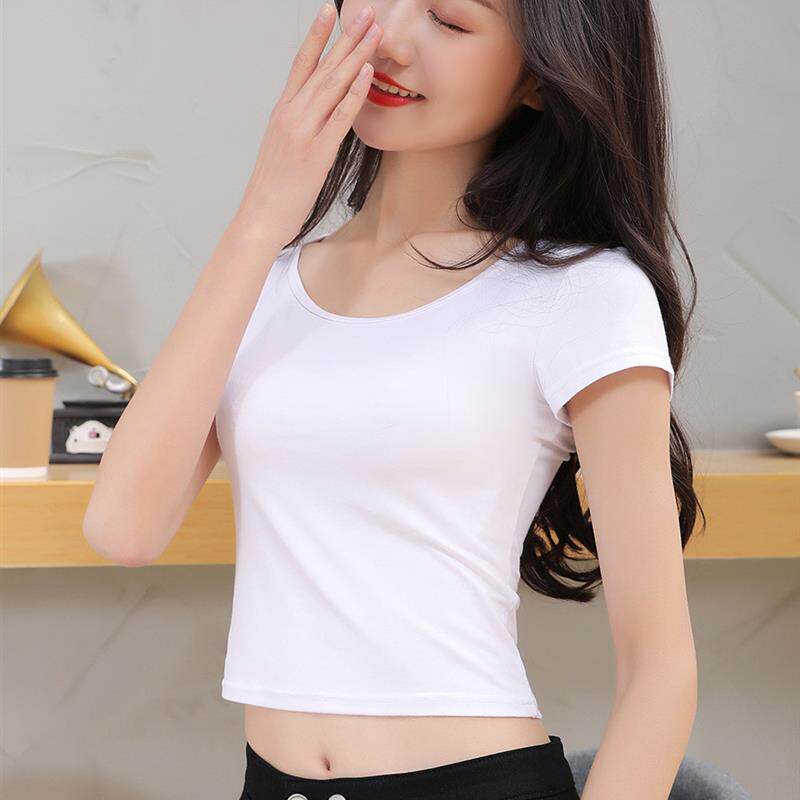 露脐上衣紧身圆领短袖女t恤白色高腰短款2026春季莫代尔打底衫女