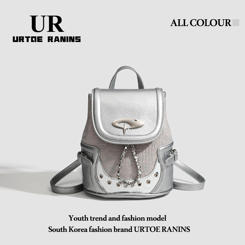 UR女包2025新款潮小众设计千禧辣妹雾粉色鳄鱼纹双肩包百搭小背包